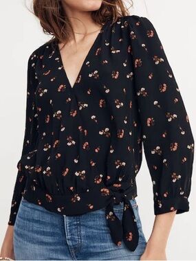 Madewell Floral Wrap Tie Blouse – Black | Size Small